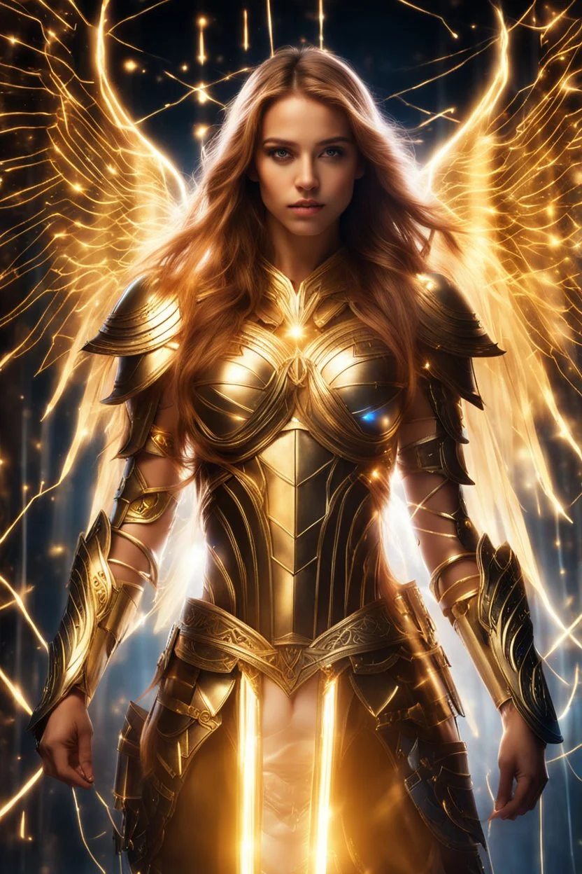 Photograph pretty girl Angel wearing armor long hair stand face front in impact picture,translucent and glowing metallic patterns,glowing metal objects hovering in the air and surrounding him,Electric arcs and sparks,flow of energy,translucent magnetic lines,golden and shimmering light effects