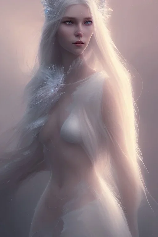 girl, cute, beautiful, snow queen, long hair, blue eyes, makeup, white hair, closed mouth, tilted head, front facing, 8k resolution concept art portrait by Greg Rutkowski,