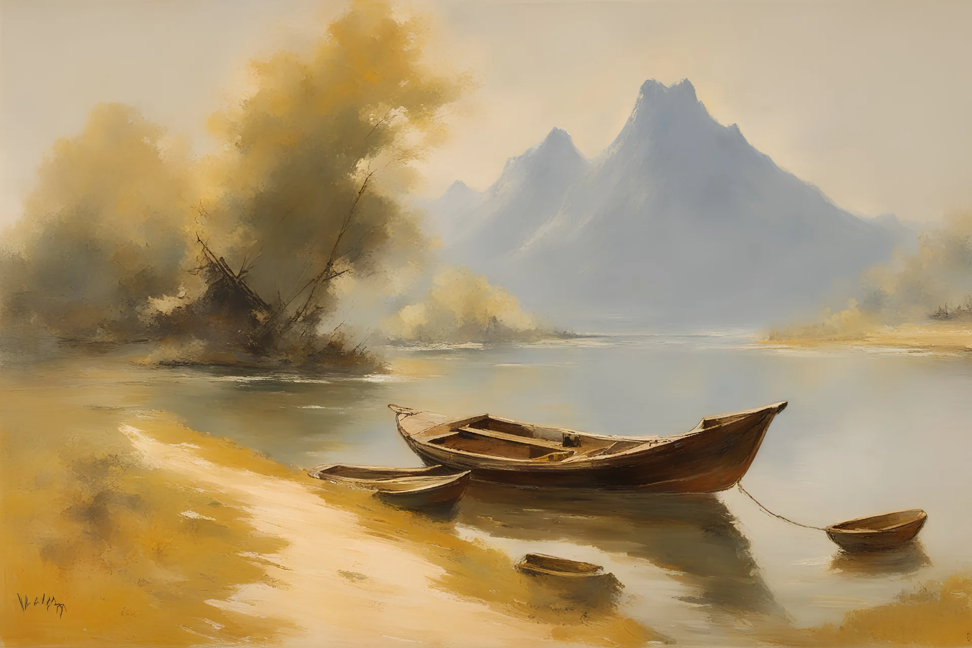 sunny day, mountains, japanese style landscape influence, boat, willem maris, and friedrich eckenfelder impressionism painting