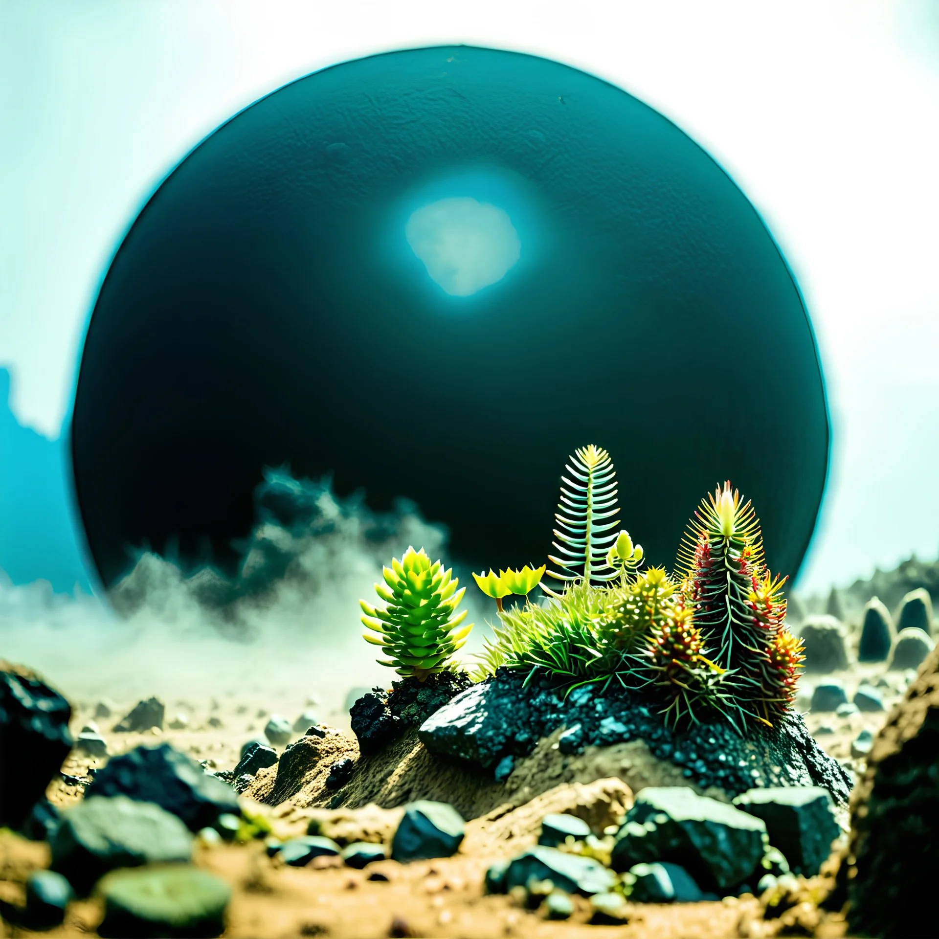 A striking quality Kodak photograph captures a wasteland with monsters and group of plants, creepy, details of the dust very accentuated, glossy organic mass, adorned with minerals and rocks. Bathed in intense light, eerie, Max Ernst style, black sun, fog