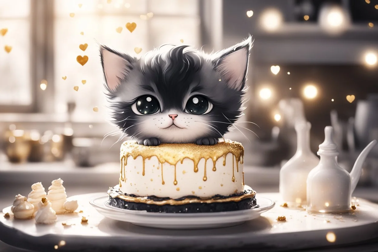 birthday cake, black and white chibi kitten in a beautiful kitchen, heart and love in the sunshine, watercolor and black ink outlines, sparkling golden glitter, ethereal, cinematic postprocessing, bokeh, dof