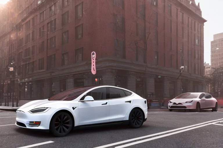 A Tesla 'Model Y' is drifting at high speeds, near the Flatiron Building in Manhattan. (CINEMATIC, WIDE ANGLE LENS, PHOTO REAL)