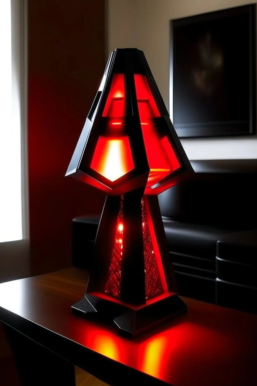 gaming table lamp inspired by avengers stark tower buliding architecture futuristic-modern stlye. piramid form, red and black color scheme