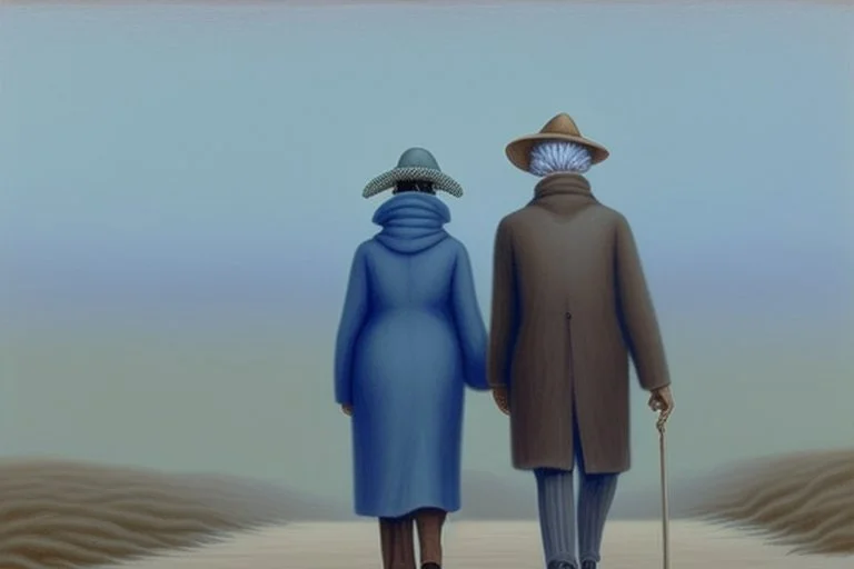 two people without gender seen from behind walking side by side in an empty foggy plain, above there is blue sky by artist "Leonora Carrington"