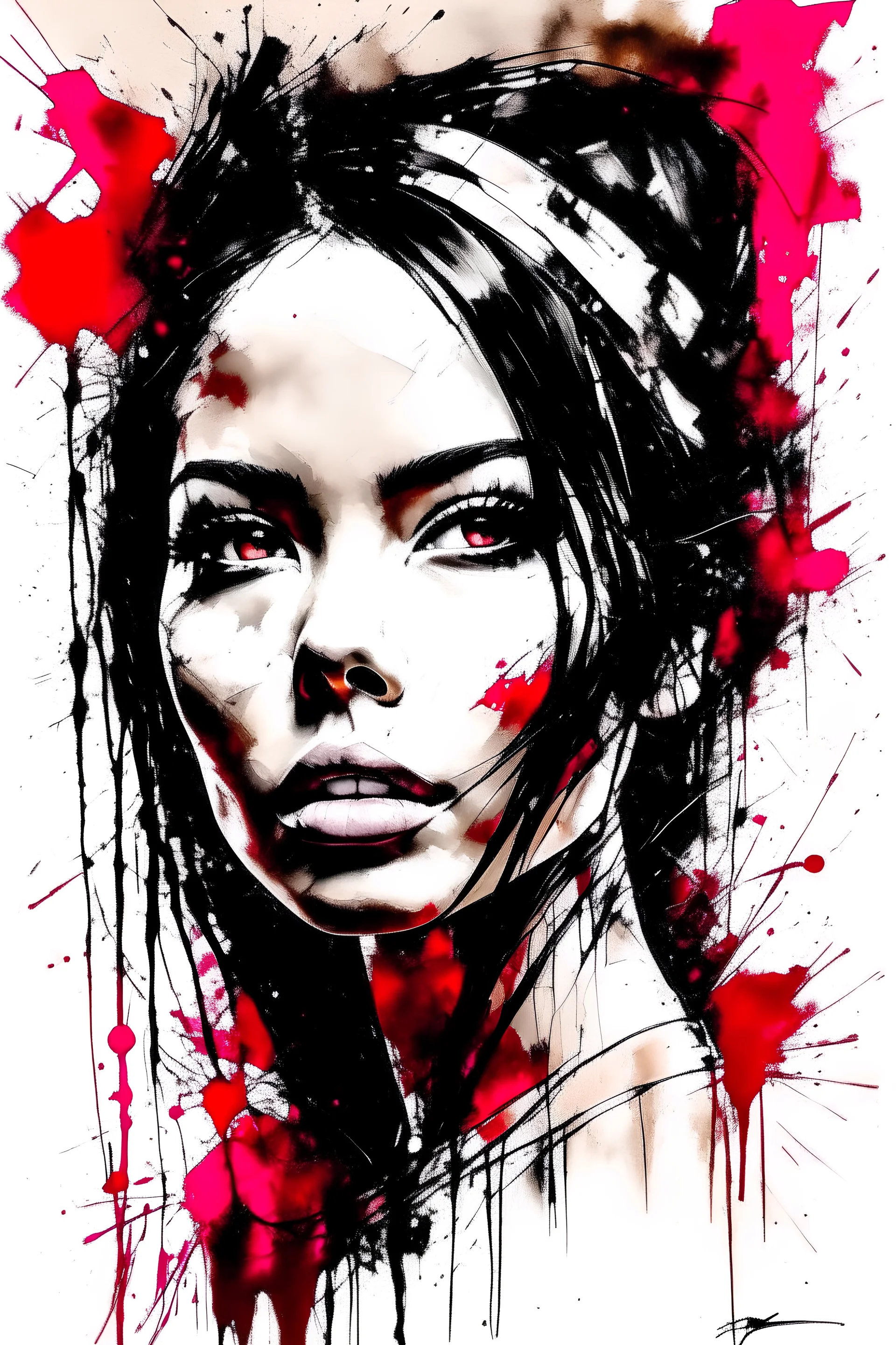 Portrait of A beautiful woman with long braided hair brown eyes crimson lips nice pointed nose pastels art by Russ Mills , flowing brush strokes