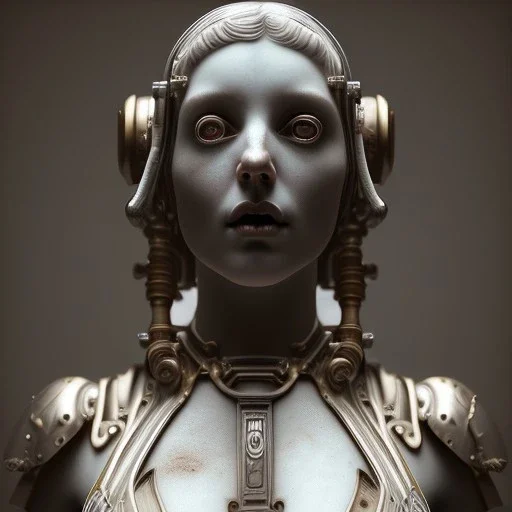 a greek marmor statue of a woman, steam punk, scary, horror, realistic, made in octane, cinematic, movie, CGI, ultra-realistic, extremely detailed octane rendering, 8K, VRAY Super Real ar 2:3, dof photorealistic futuristic 50mm lens hard lighting dark gray tintype photograph, realistic lighting, sephia colors