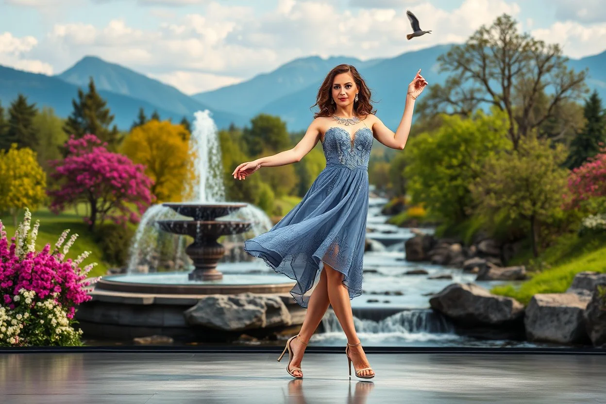 very beautiful lady with makeup curvy hair pretty jeweled lace gray blue dress high heels, full body dancing gracefully in a modern open stage with dynamic turnning lights in a heaven like country side with dreaming trees and a pretty fountain in river flowers mountains in distance,birds,river with water falls