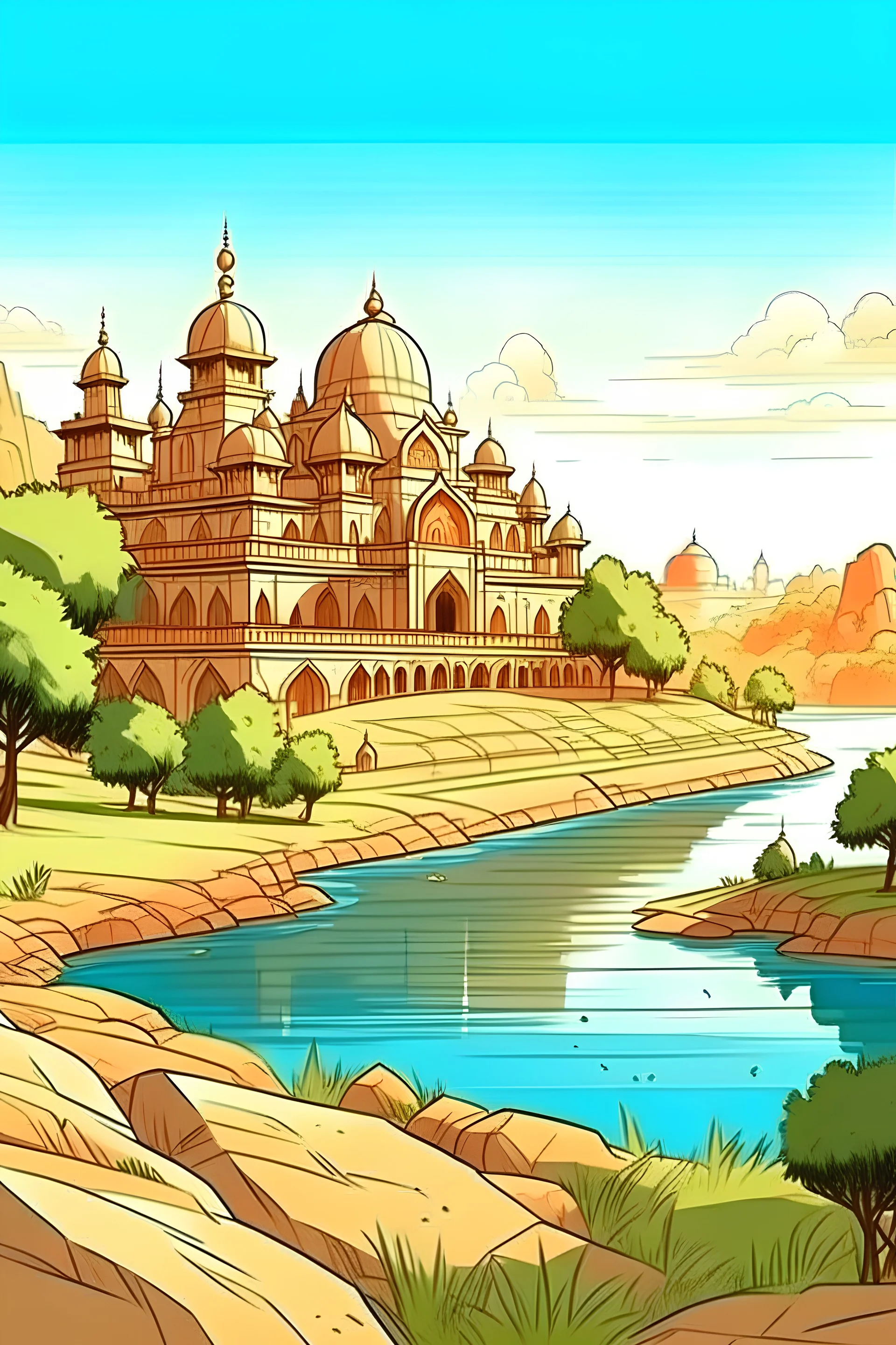 wide angle view of Indian kingdom as a Graphic novel illustration, big palaces, bright sunny day, river flowing in the middle