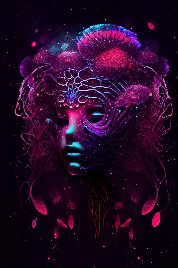 Beautiful giarl, jellyfish, mask neon crystal out her mind beautiful colorfully flowers and star pattern on fur front facing dark smooth colors high contrast background darkred tones,