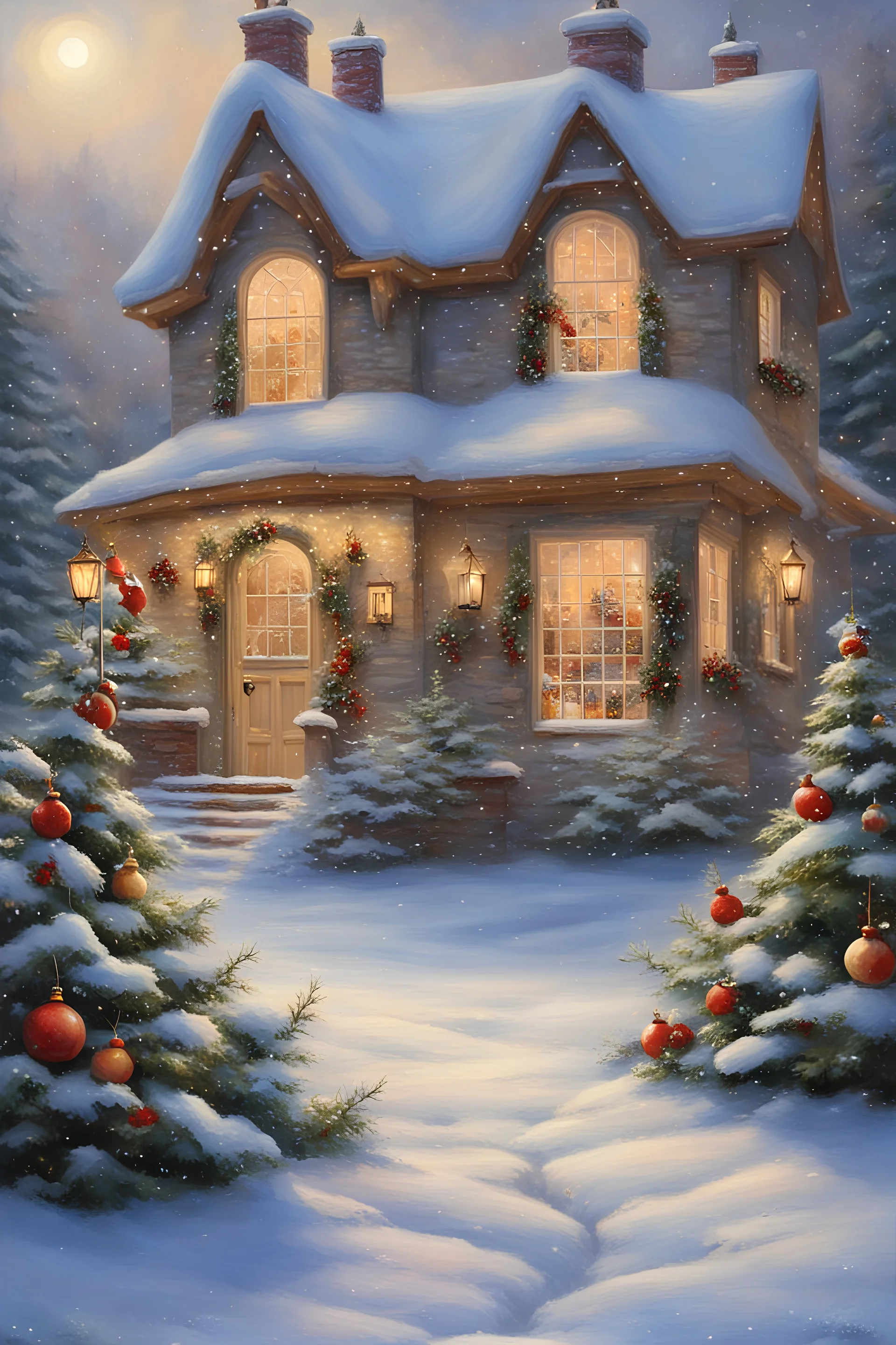 a painting of a snowman in front of a house, cozy home background, by Pamela Ascherson, festive atmosphere, snow landscape background, festive, decorations, by Frances Jetter, cosy enchanted scene, well - decorated, christmas, well decorated, thomas kinkade style painting, house background, style of thomas kinkade, style thomas kinkade, thomas kinkade painting