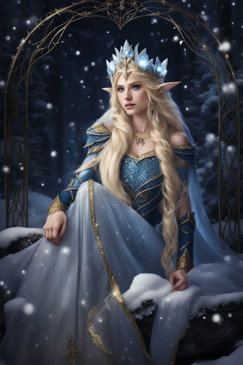 Elven princess,elven crown,long blonde golden hair,rapunzel hair,ice flowers,beautiful,light blue,dark blue,golden armor,sparkle,glitter,ice flowers,snow,elven ears,dark fairy princess