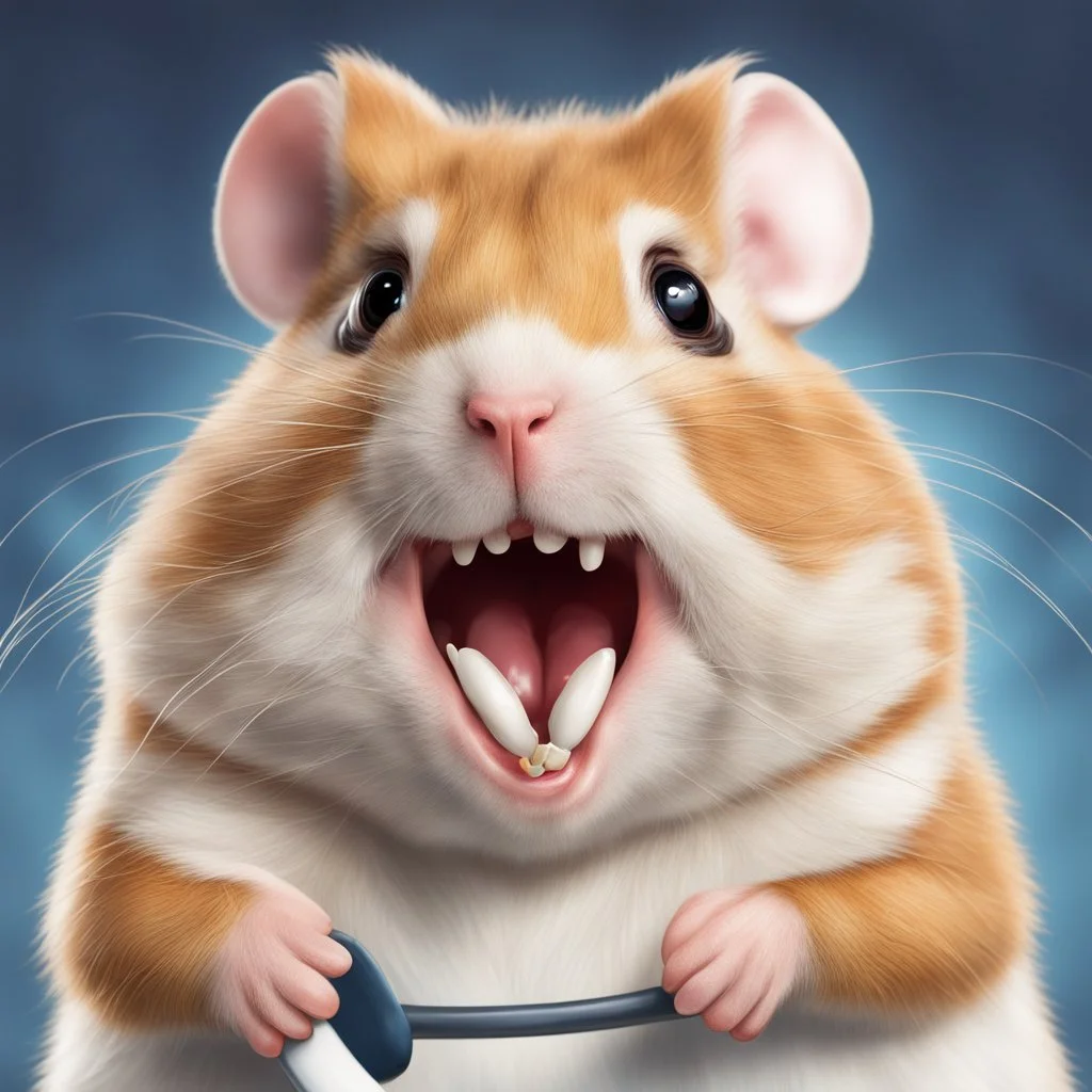 Close-up portrait of Hamster hockey player goon with tooth missing, dramatic, cartoon realism, hyperreal, kinetic, missing tooth!