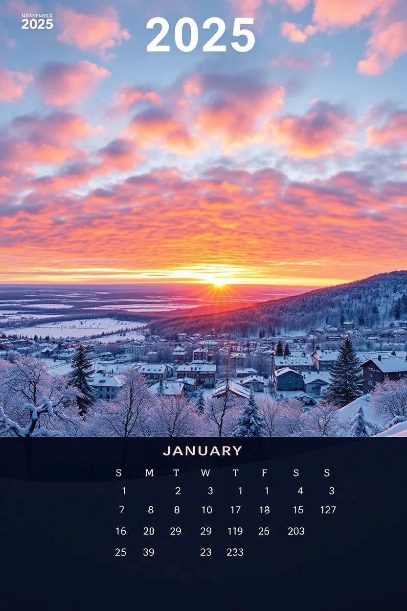 New 2025 Calendar, wall Calendar that features an Impressionist landscape of a Wide angle majestic winter sunset over a serene snowy town, Text "2025" text "JANUARY". calendar template with monthly date grid at bottom