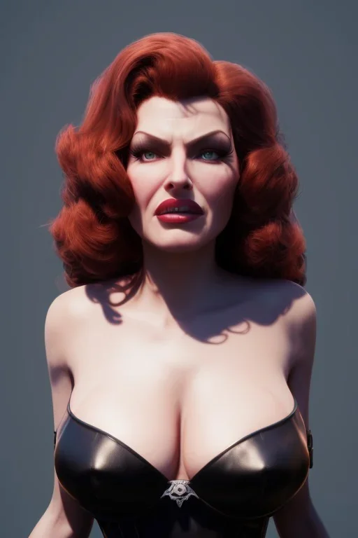 Rita Hayworth as evil queen in black leather, busty, cleavage, curvy, angry, stern look. character design by cory loftis, fenghua zhong, ryohei hase, ismail inceoglu and ruan jia. unreal engine 5, artistic lighting, highly detailed, photorealistic, fantasy