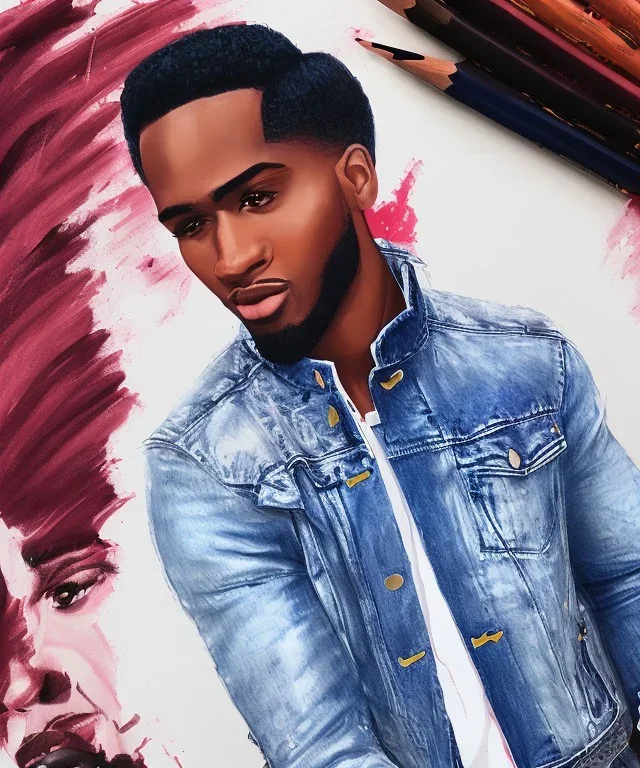 Fashion illustration, fashion drawing, Croquis, Hussein Suleiman, Jefferson Osei, Abderrahmane Trabsini, mudcloth fabric denim jacket, kente cloth, jeans, flare leg, African American model, Luke Edward Hall, red denim jacket, fringe