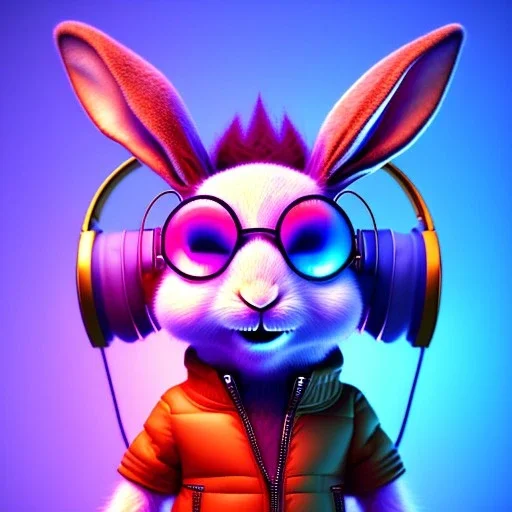 pixar style anamorphic cute smiling baby rabbit, smiling, cyberpunk headphone, sunglass, gangsta gold neckless, full body, magenta puffer jacket, manila city backdrop, dramatic lighting, hyper realistic, unreal engine 5, 16k