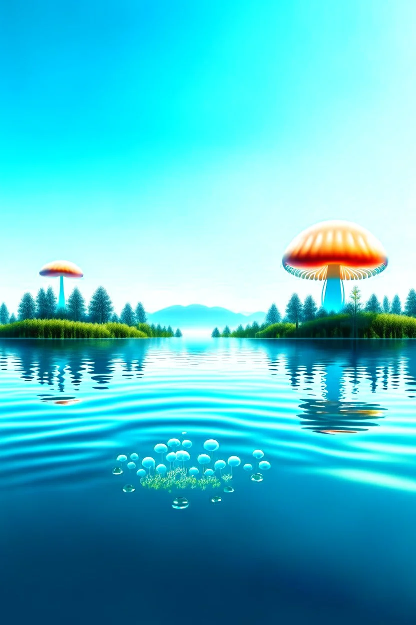 Landscape scene across a lake with mushrooms with jellyfish tentacles floating through a light blue clear sky