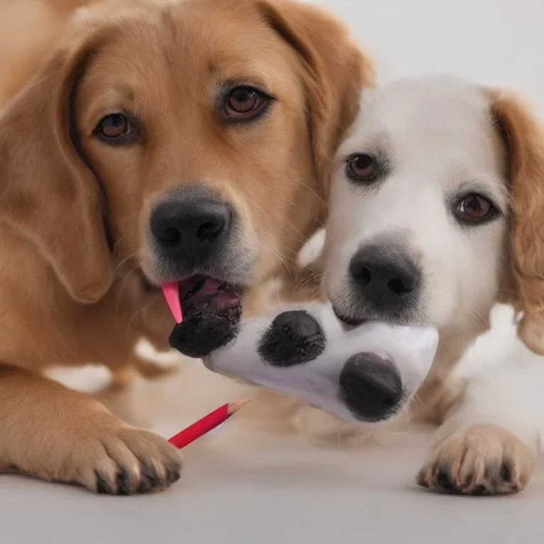 Dog licking pencil