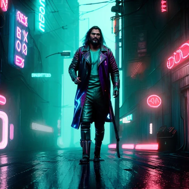 Actor, jason momoa, blade runner style, rain, fog, neon ambient, gradient color, clean skin, circuits, latex coat, cyber punk, neon, tubes, portrait, photo studio, unreal engine 5, smooth color, 16 bit, god lights, ray tracing, RTX, lumen lighting, ultra deatail, volumetric lighting, 3d, finely drawn, hd.