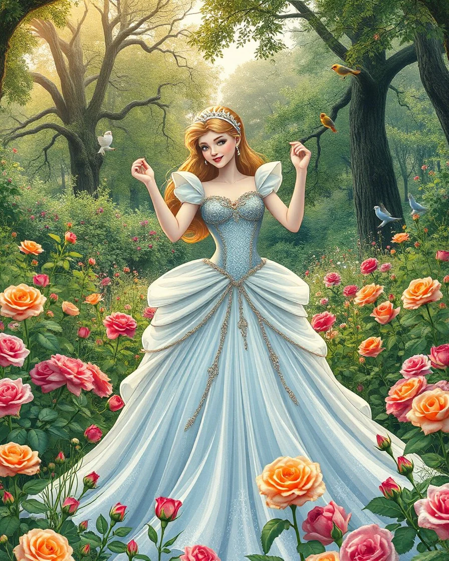 Beautiful Princess Cinderella Happy dancing in Wild garden, flower beds, fractal ornamentation, over detailed, gloriously full and confusing, nothing that really exists, everything made up, fantasy world, sweet briar, photography graphic art, song birds, ochre rose, rose buds, dewy morning, forest of oaks,