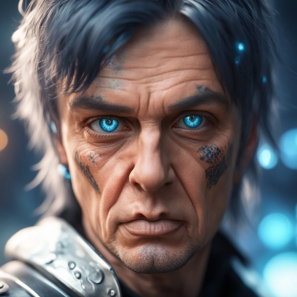 frowning david icke as cyperpunk witch hunter with dark hair, dark blue eyes and black tattoes,bokeh like f/0.8, tilt-shift lens 8k, high detail, smooth render, down-light, unreal engine,bokeh like f/0.8, tilt-shift lens 8k, high detail, smooth render, down-light, unreal engine