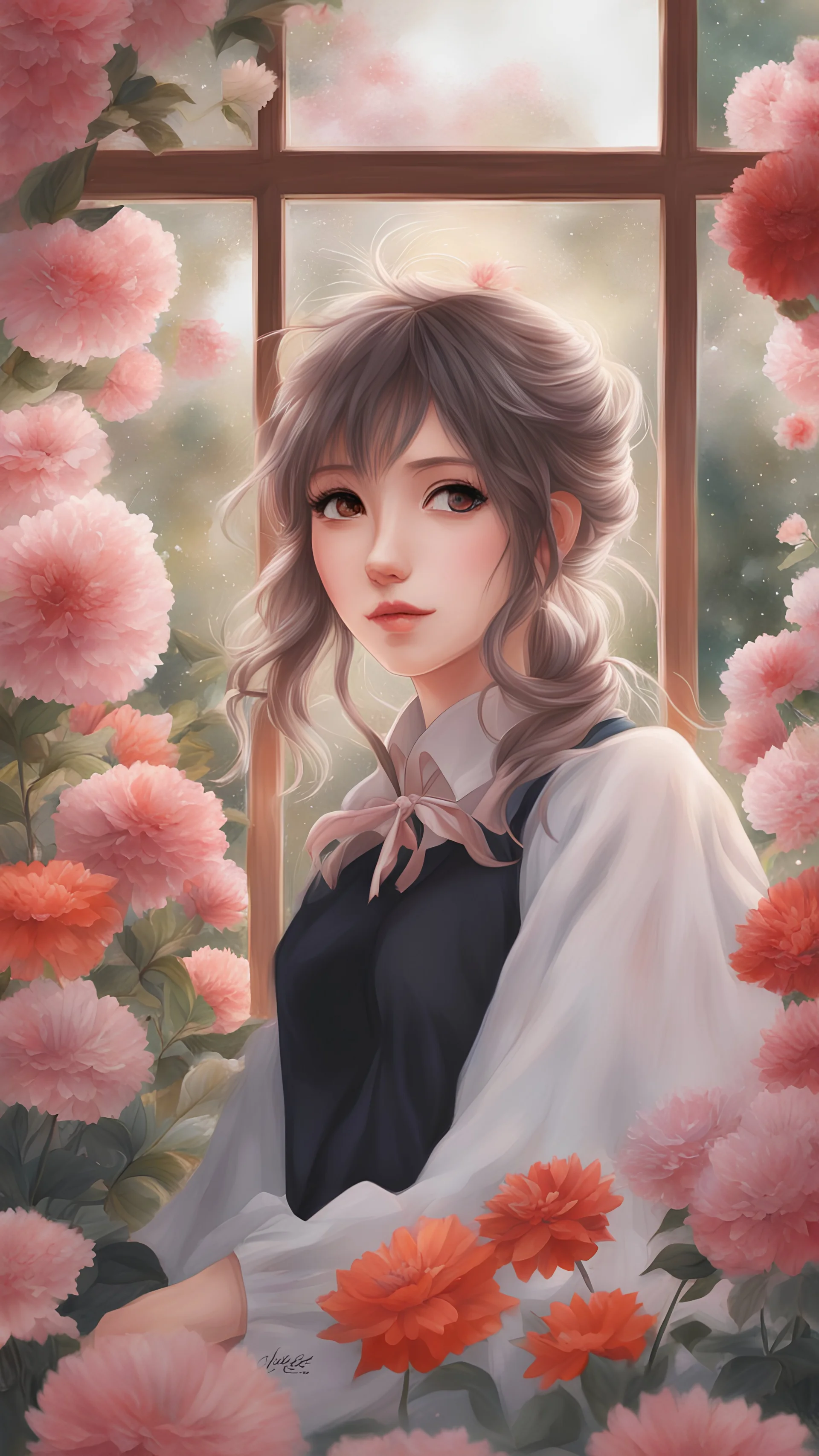 a painting of a girl surrounded by flowers, portrait anime girl, beautiful anime portrait, cute anime girl portrait, girl in flowers, detailed portrait of anime girl, realistic cute girl painting, anime painting, kawaii realistic portrait, stunning anime face portrait, anime picture, realistic anime art style, cute detailed artwork, semirealistic anime style, realistic anime artstyle, japanese anime artist drawn