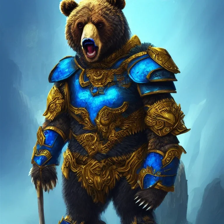 An angry bear warrior in blue and gold armor, background of Inka jungle, high detail, smooth, realistic, digital illustration, Artstation, artgerm,