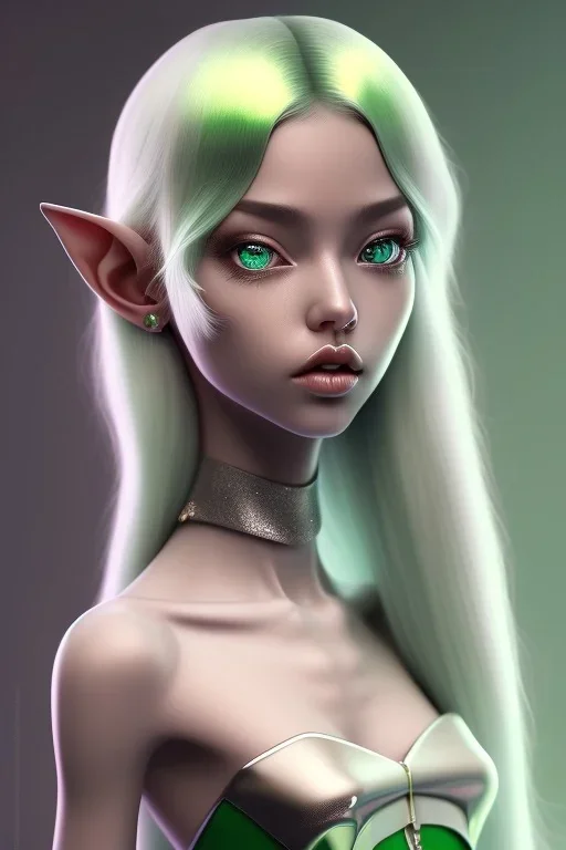 isometric clean art of super cute elf girl with silver hair wearing green and gold, soft lighting, soft pastel gradients, high definition, 3d icon clay render, blender 3d