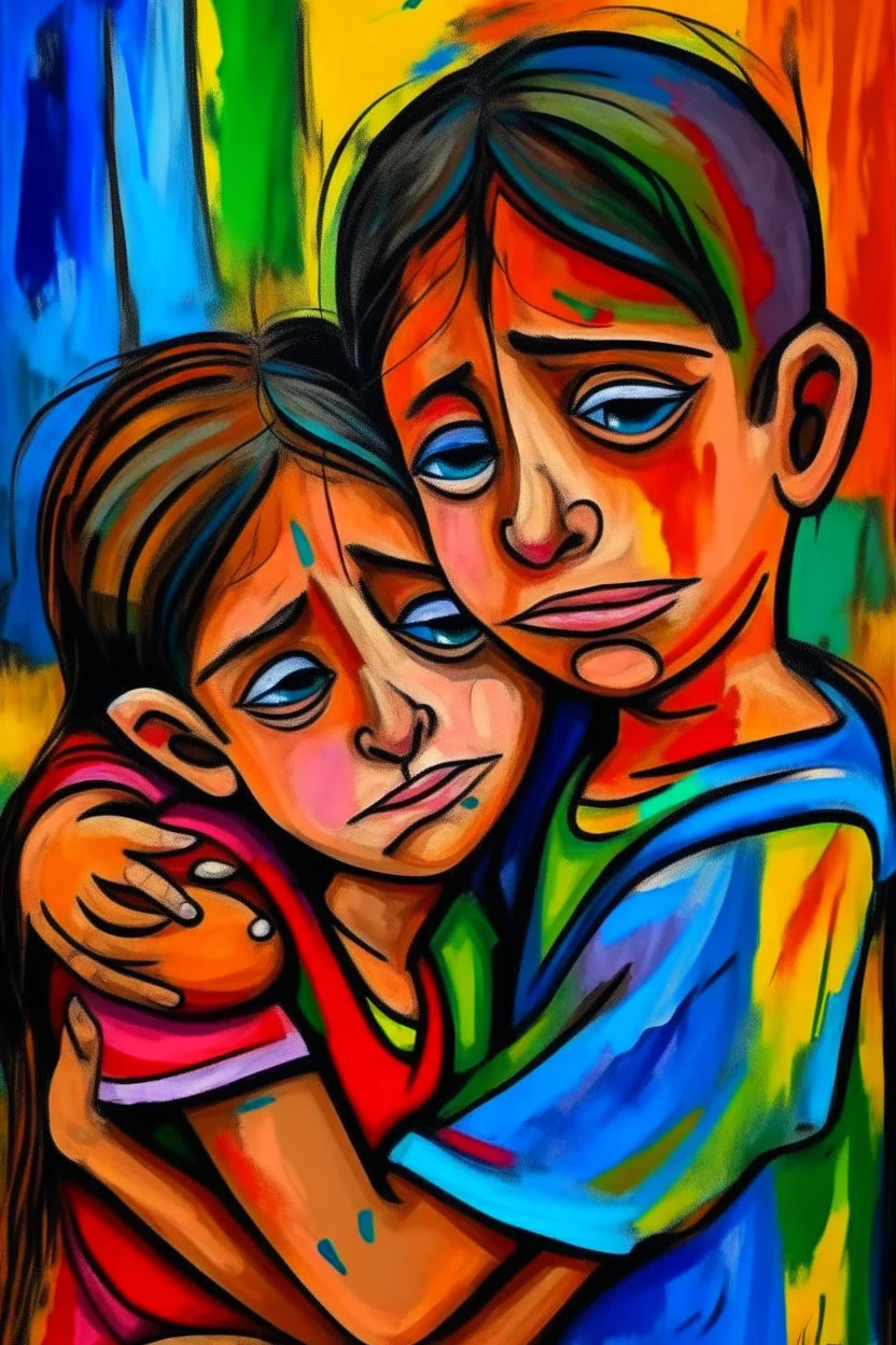 a girl hug her brother and both crying sadly, expressionism, Pixar style, in abstract art Basquiat, Picasso, Miro, Kandinsky, Klee, Birell, Fairey, Ardon, Buffet aand Picasso style, HD --s 750 --v 5.1 --style raw, water color