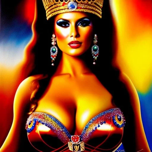 portrait of busty beautiful 'queen Carnival Rio de Janeiro', painting by simon Bisley , oil on canvas, cinematic composition, extreme detail,fit full head inside picture,8k