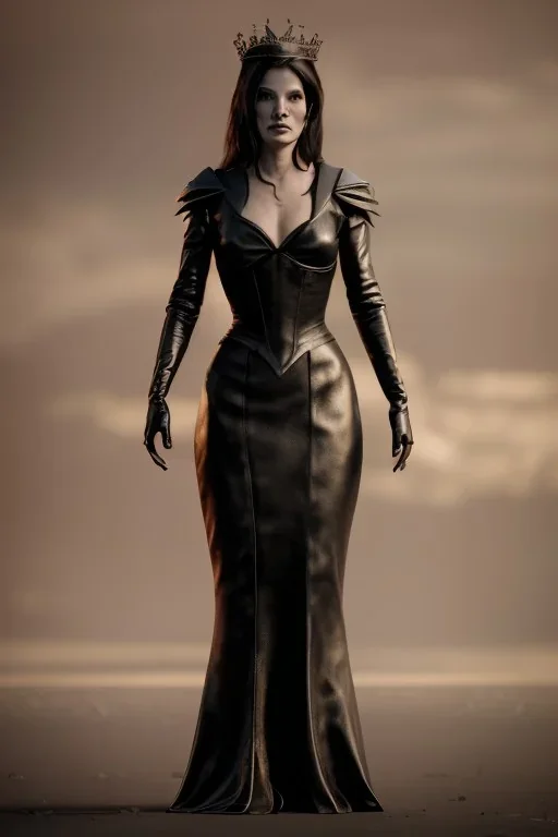 Young Sandra Bullock as evil queen in black leather gown, angry, busty, curvey, cleavage, unreal 5, octane render,cinema4d, dynamic lighting, dramatic lighting, 4k, redshift render, highly detailed, hyper realistic