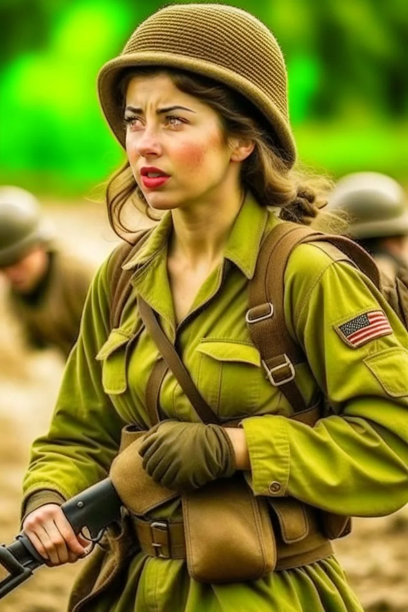 a beautiful American woman army fighting in war field