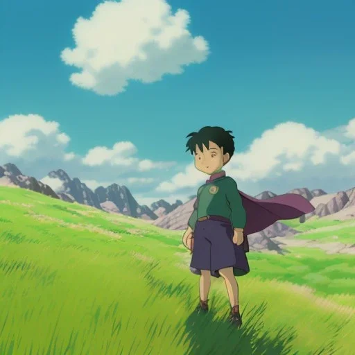 a cartoony boy's silhouette looking at a colorful land. The boy has a green cape on his back. There is a purple portal in the middle. The boy is brown haired