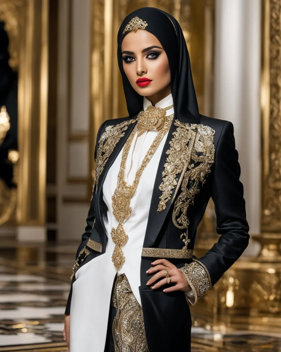 A length image ,professionals photography stand action pose ,in islamic luxury fashion show an beautiful young girl super model iranian wearing islamic hijab as spy detective with shoulder length wearing luxury jewelrys and lipstick. She is wearing a islamic fashion luxury tuxedo with a black bowtie. Her jacket is black decorations golden art and it is not buttoned.Her jacket has a corsage,She is smiling. Her cufflinks are black.stand pose in futuristic luxury photos studio