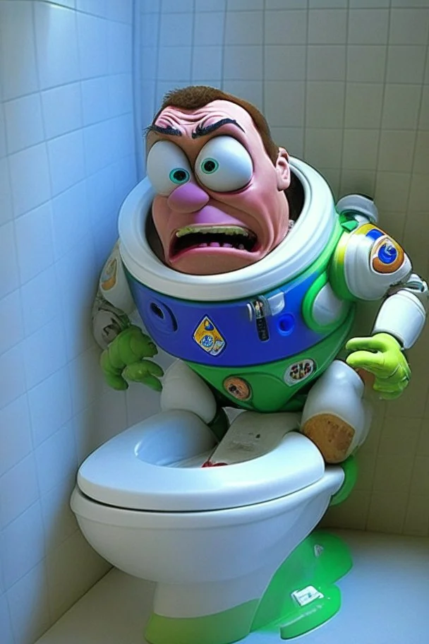 Buzz lightyear from Toy Story pooping on a toilet