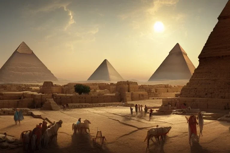 An ancient Egypt city in the year 1500 before Christ with 2 pyramids in the background, by Greg rutkowski, beautiful Egyptian temples, ultra realistic, art Station, vibrant colours, concept art, blue sky