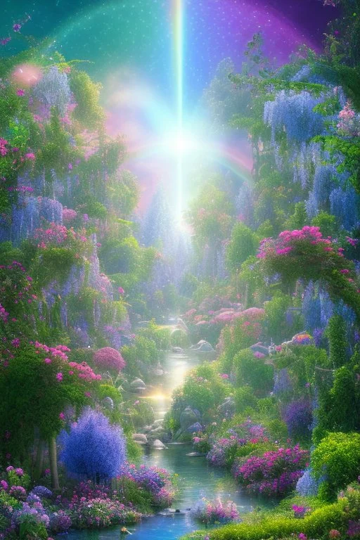 verybeautiful-magical-garden-of-the-angelic-kingdom-blue-and-pink-plants-and-trees-small-river-sunshine-flowers-haze-thumb-rainbow-ufo-bright-colors-light flowers