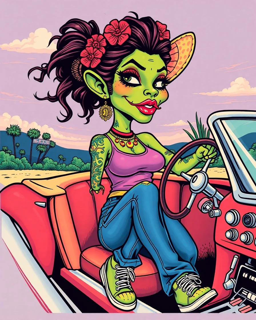 Consuela Mexican woman in a tank-top and jeans, illustrated in a RAT Fink Ed Roth's monsters Style driving a convertible car, big head with small body, cholla with face tattoo, cartoon kissy lips, rat fink t-shirt composition, 2 color silkscreen