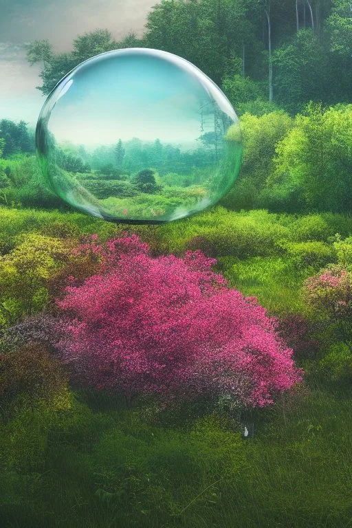 A translucent glasslobe floating in the middle, with photo-realistic forest, field, sea, flowers, birds and animals in the background Nikon D850 highly detailed digital painting sharp focus elegant 4k very attractive dynamic lighting award winning fantastic view 4K 3D crisp quality Unreal Engine