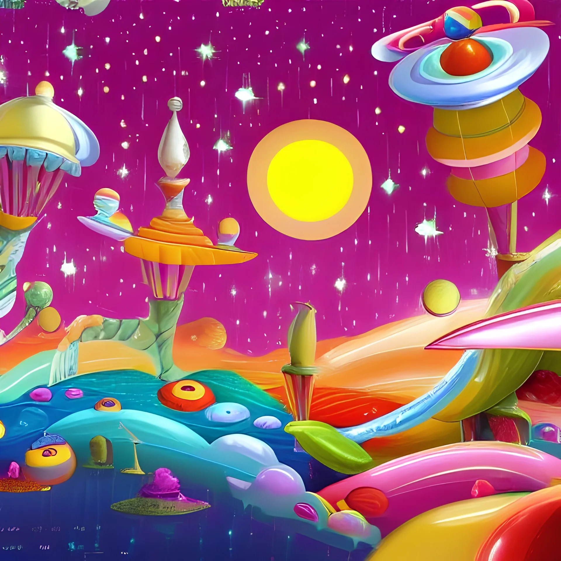 surreal, fantasy world of candy galaxy, space ships