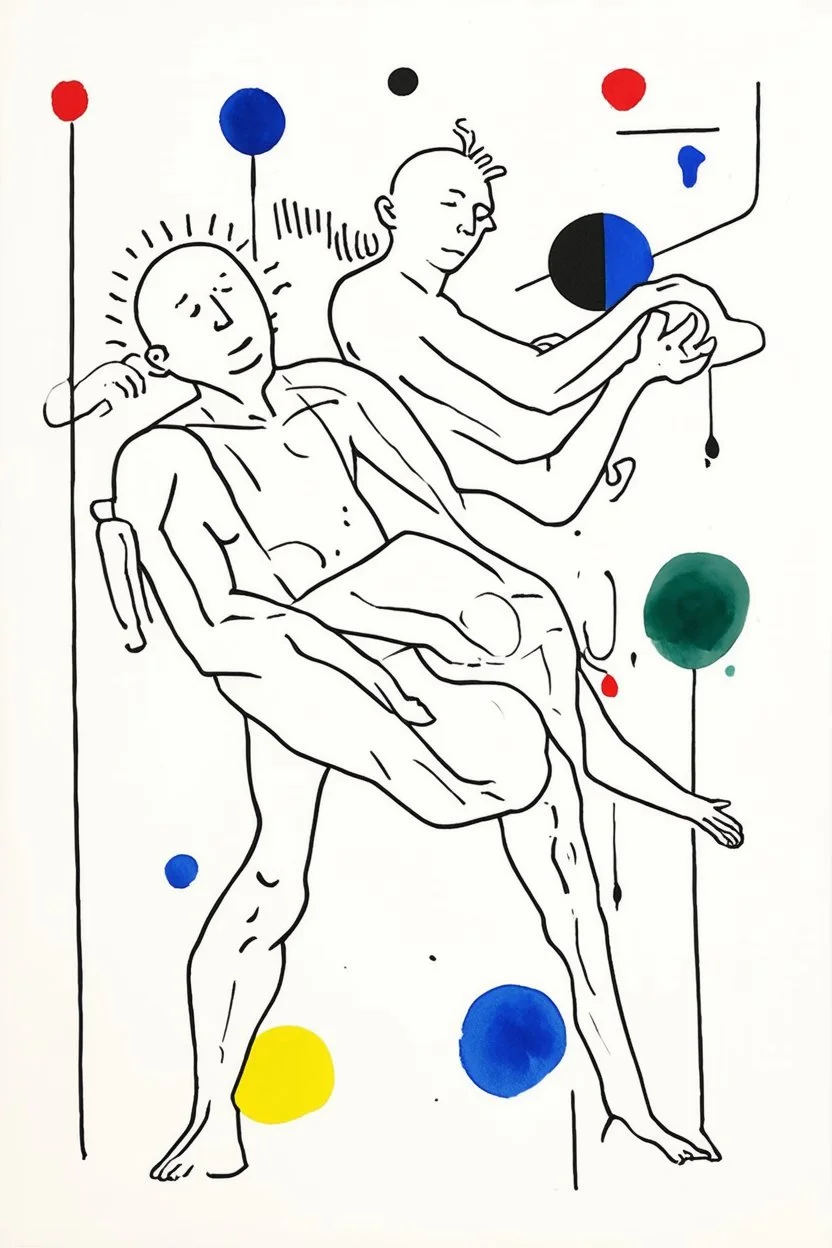 Reprezentare grafica moderna figurativa cu simboluri ,minimal art similar cu desenele lui Picasso , a unui desen facut de un autist , reprezentand statuia lui Saturn devorandu si fiul , în stilul combinat acuarelei umede a lui Joan Miro si cu filigran lineart minimal a lui Jean Cocteau cu Paleta de culori impresionista cu culori putine si tari. Fond alb si linii color subtiri si paralele, cu umbre de lumina cu hasuri incrucisate