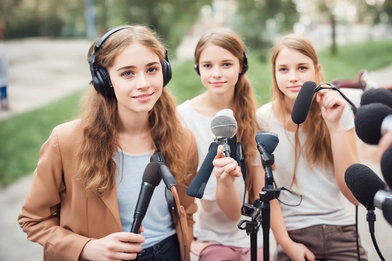 two teenage girls giving an interview; big microphone, reporter, radio