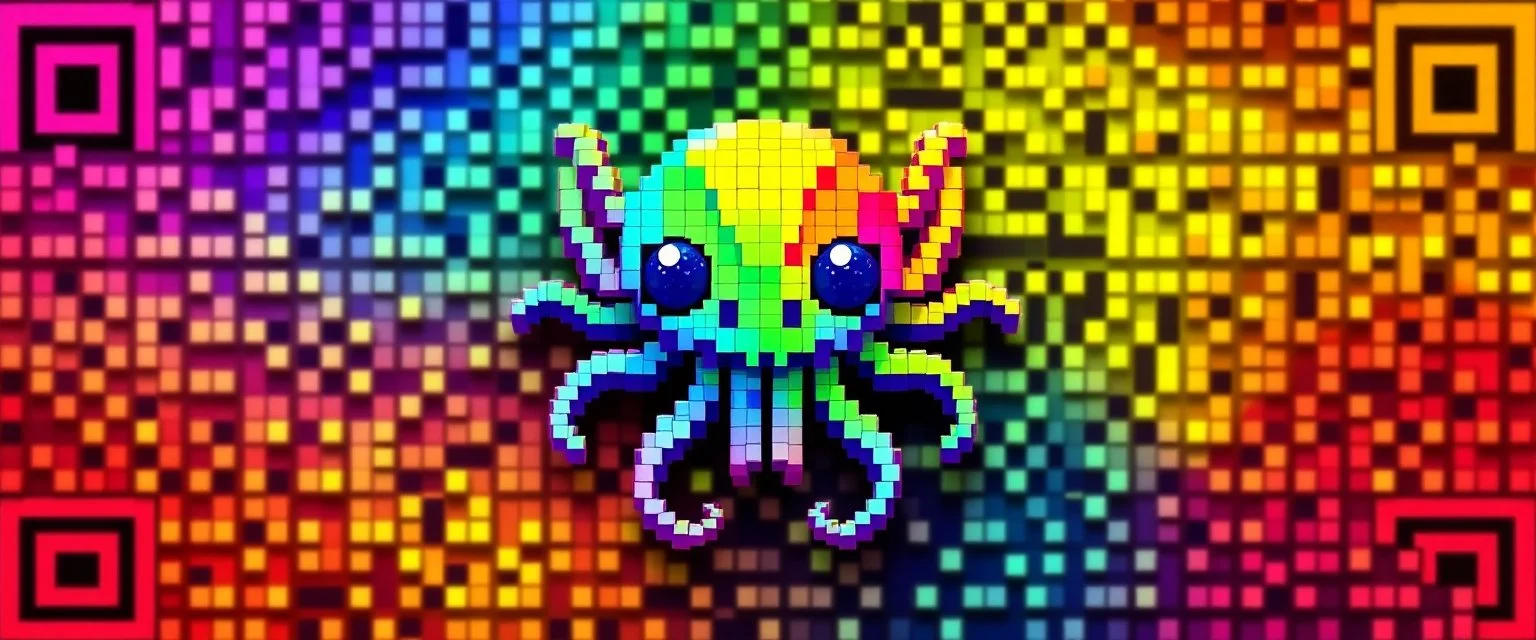 a qr code that looks like a space invader alien 3d voxel squid butterfly with colors from the rainbow spectrum