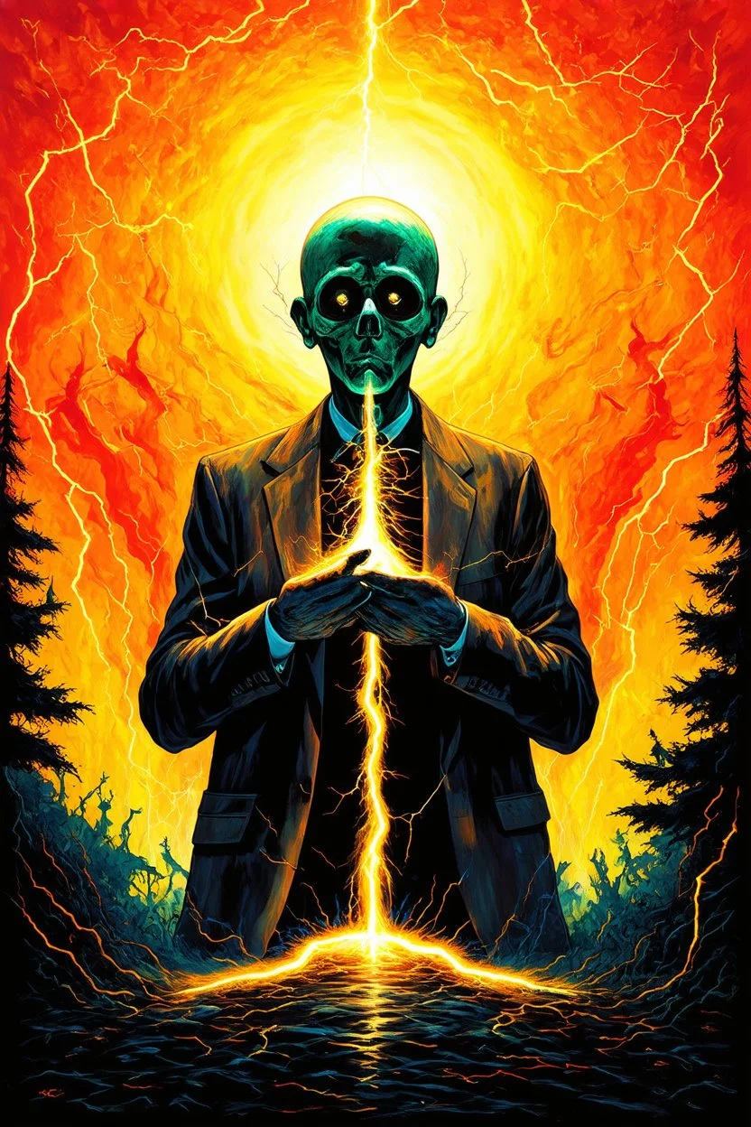 existential electricity that not only animates the subject but also threatens to destroy them; Lowbrow Symbolism with surreal elements