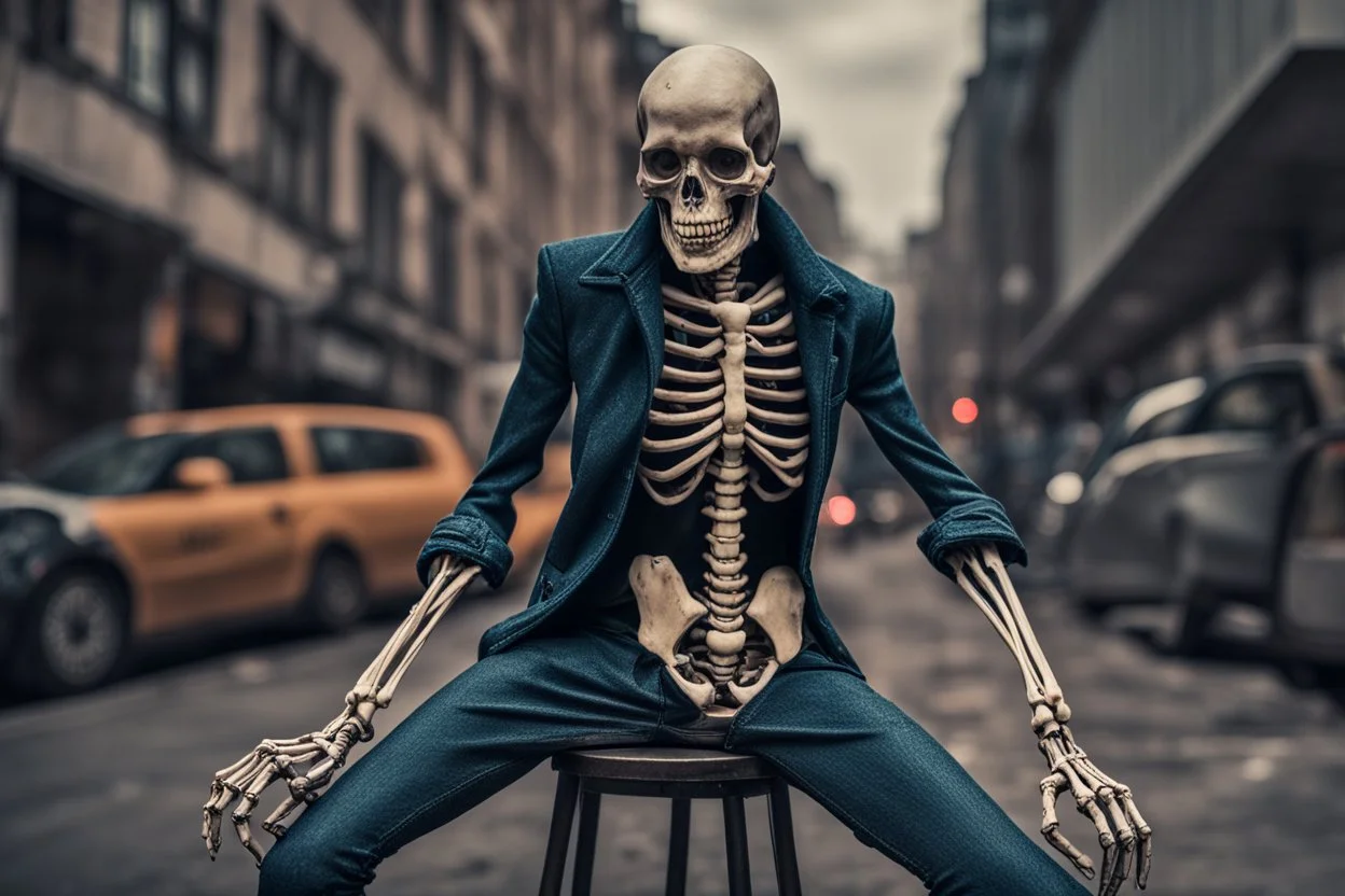 Extreme grandiose and cinematic photo in realistic colors ((skeleton)) dynamic pose and expression, in the city ally of slime tales, high lighting, intricate, 8k, macro photography,