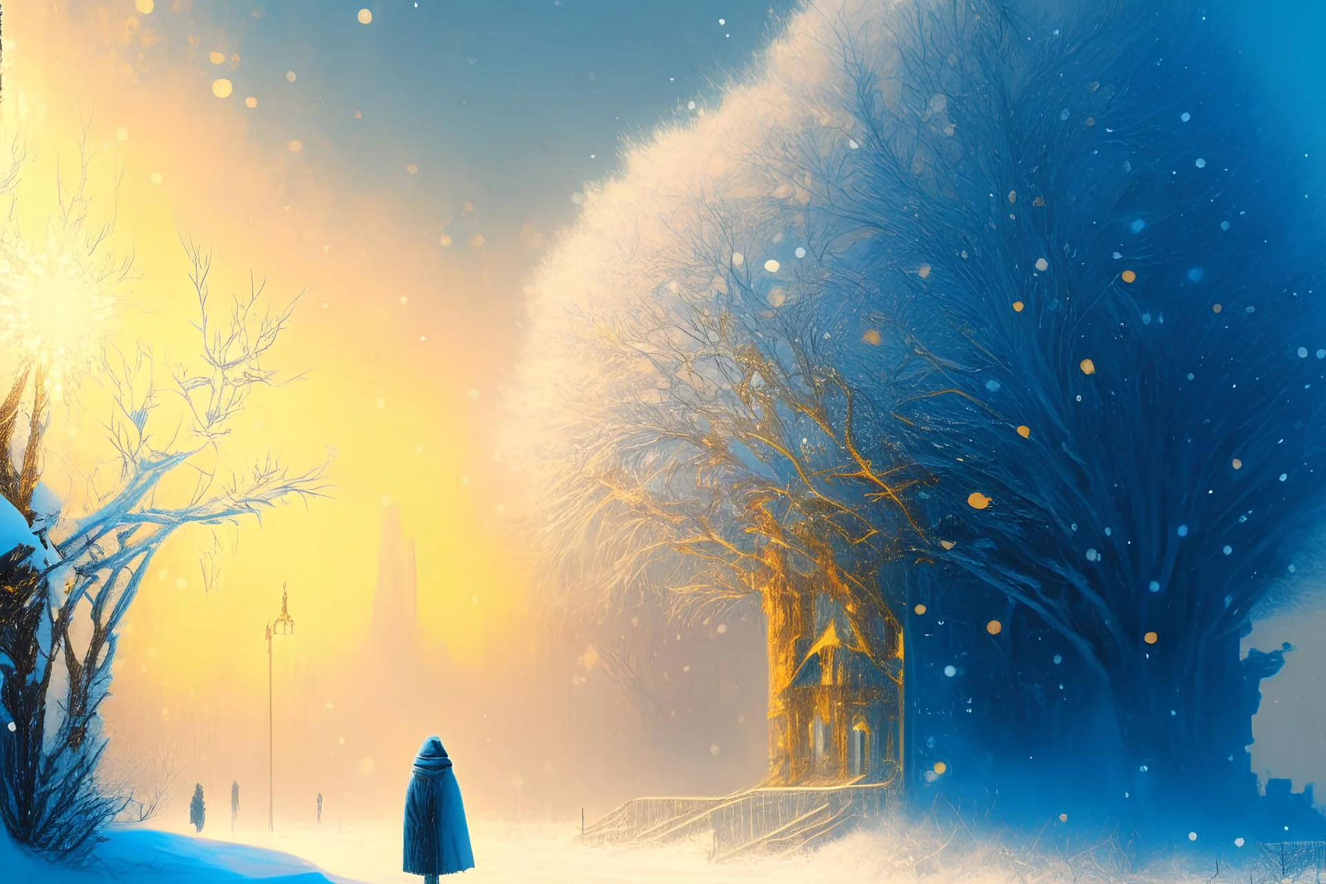 A beautiful winter scene, haze in the air, extremely detailed oil painting vibrant colors in blues and golds, photorealistic, HDR, styles by Micaal Karcz, Victo Ngai and Gregorio Catarino