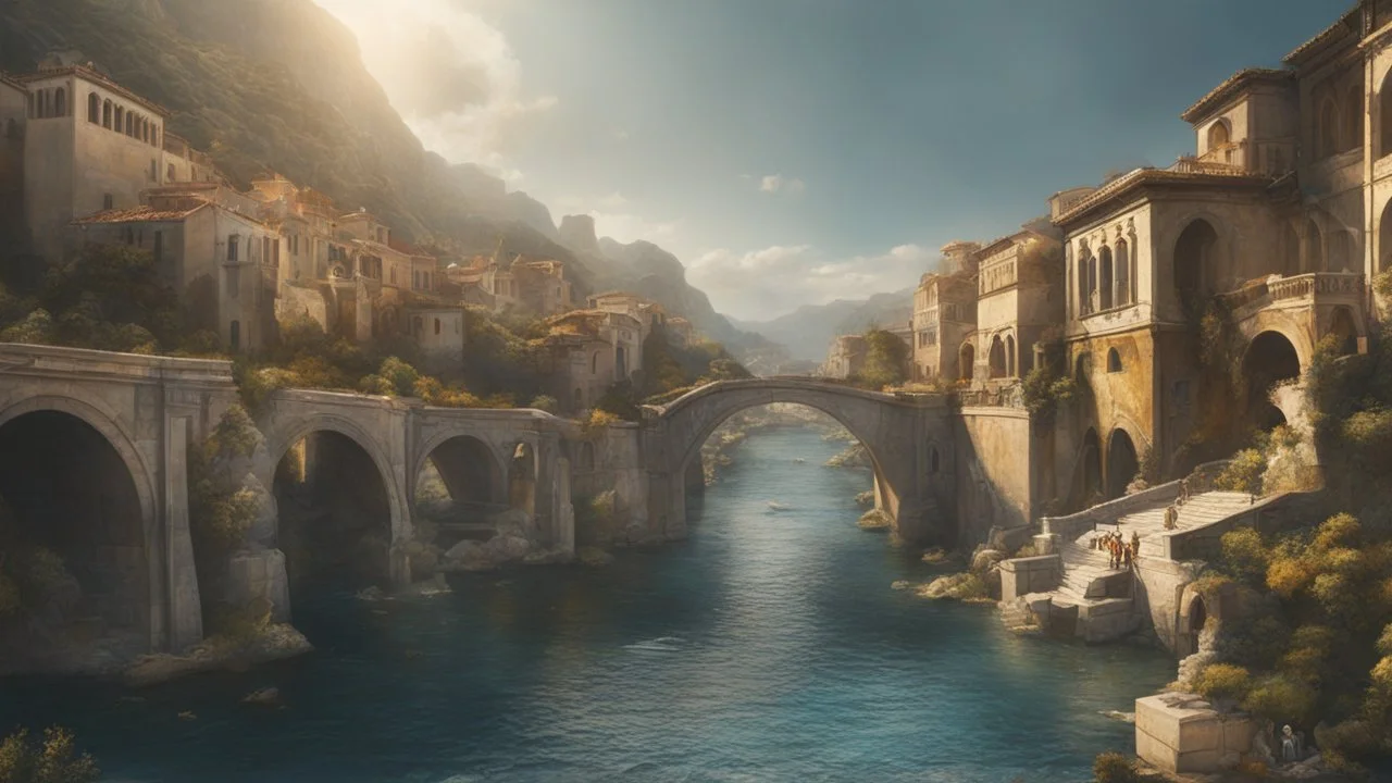 a roman town divided by a river next to the ocean. marble and gold. fantasy. cinematic lighting, hyper realisme, Hyperrealistic, splash art, concept art, mid shot, intricately detailed, color depth, dramatic, 2/3 face angle, side light, colorful background