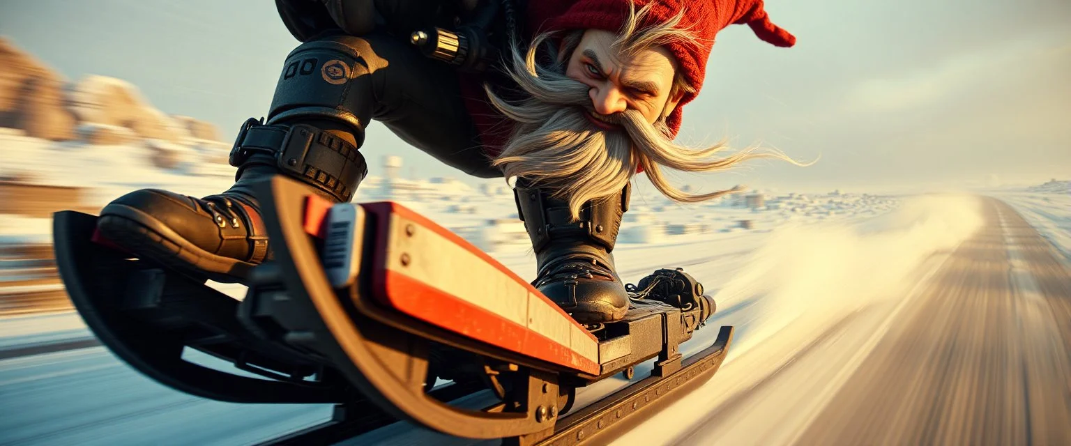 close up on gnome troll hit man with rocket boots in suit on a mech sled doing jumping stunt in winter wasteland, style of fallout 4, high speed with motion blur, on elevated road, beard blown into his face