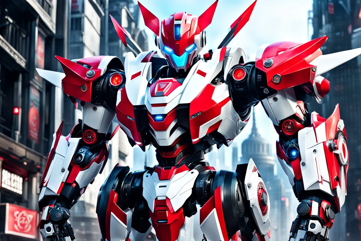 big robot with red and white color schemes, in the style of fairy academia, hard-edge style, agfa vista, dynamic pose, oshare kei, hurufiyya, rtx, close picture, intricate details, highly detailed, high details, detailed portrait, masterpiece,ultra detailed, ultra quality