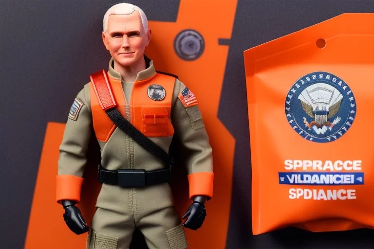 Mike pence G.i. Joe toy Space force uniform With accessories inside a blister packaging hanging on a Wallrack in toystore, fluorescent orange, toy guns, wide angle shot whole body, black moonboots, fullsize